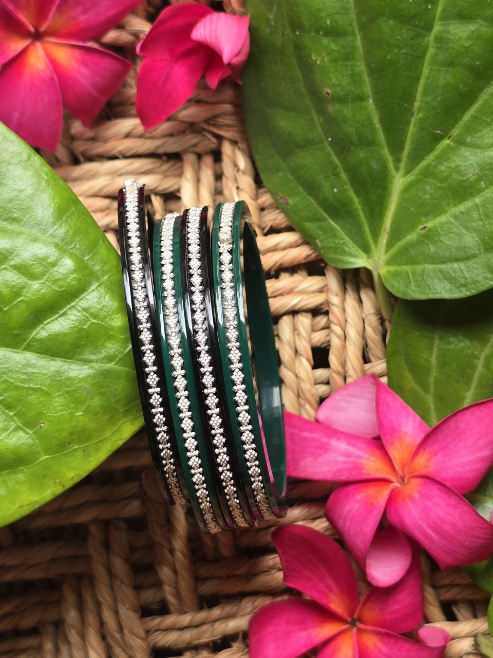 Aayat Dark Green Crystal Lined Bangles