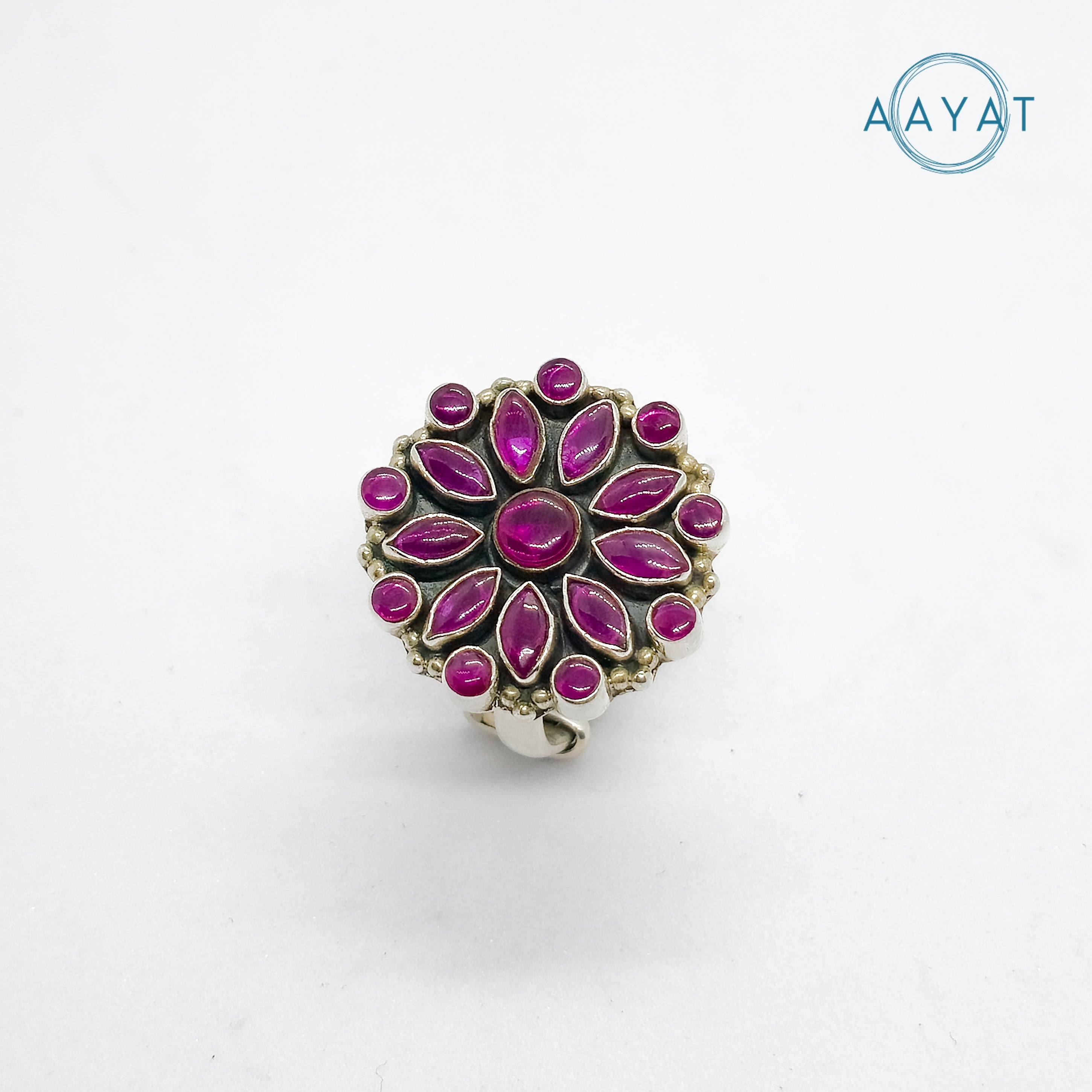 Aayat Ruby Bloom Silver Adjustable Ring