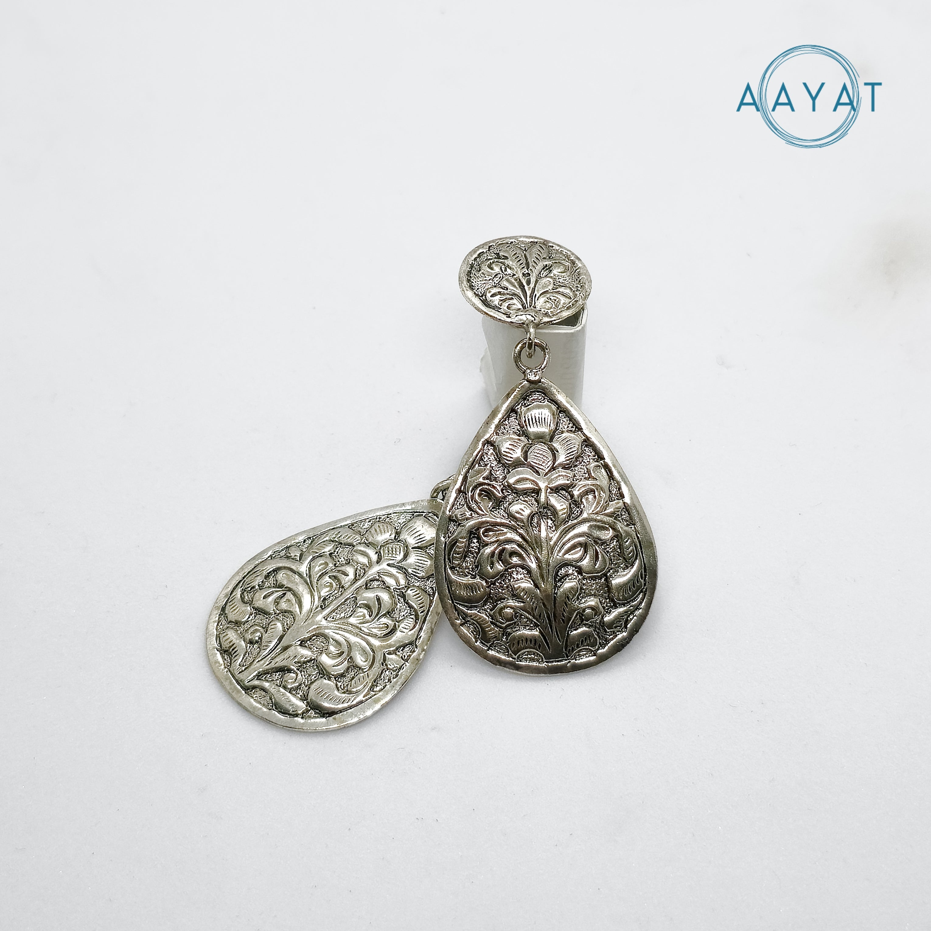 Aayat Engraved Teardrop Silver Dangler Earrings