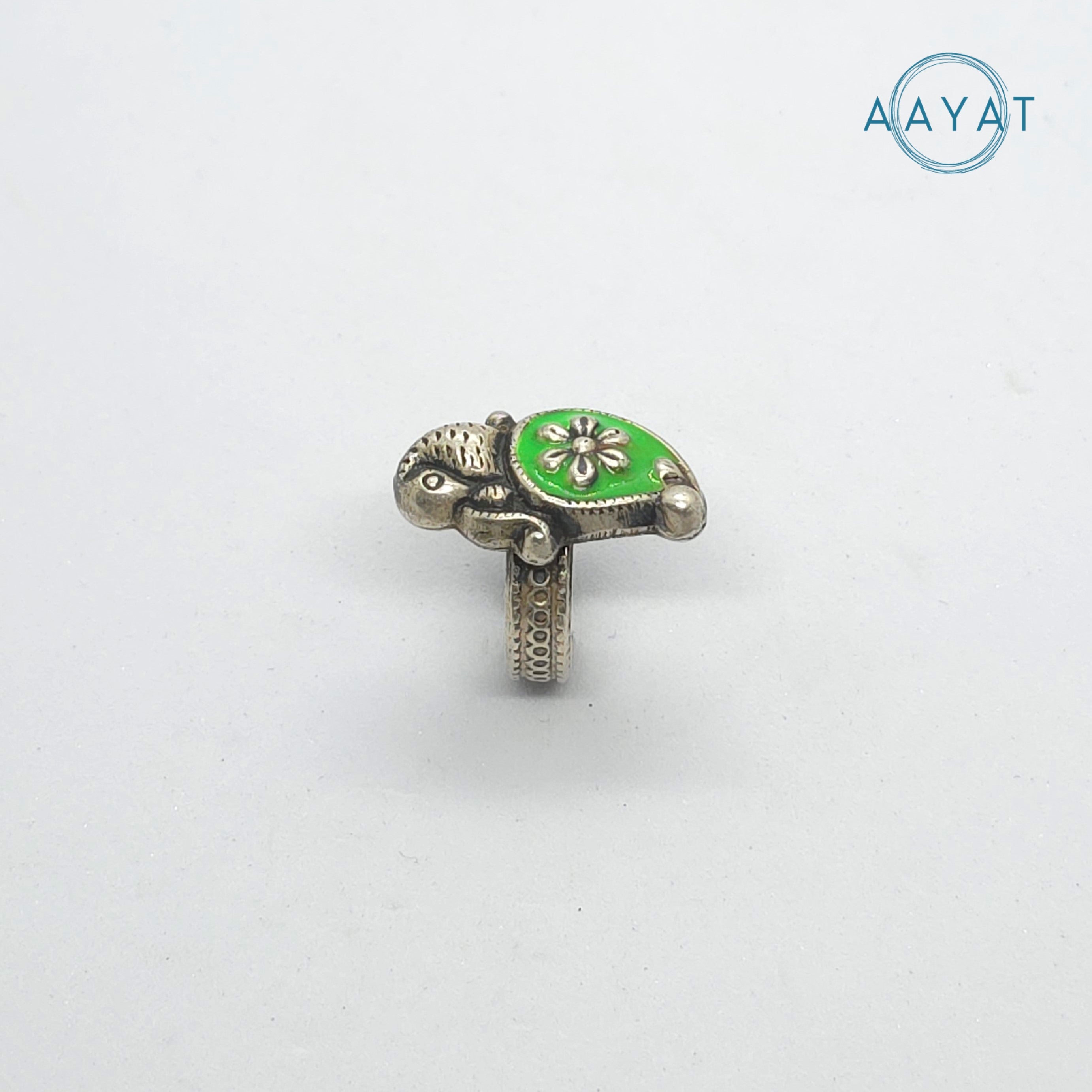 Aayat Green Enamel Leaf Oxidized Silver Ring