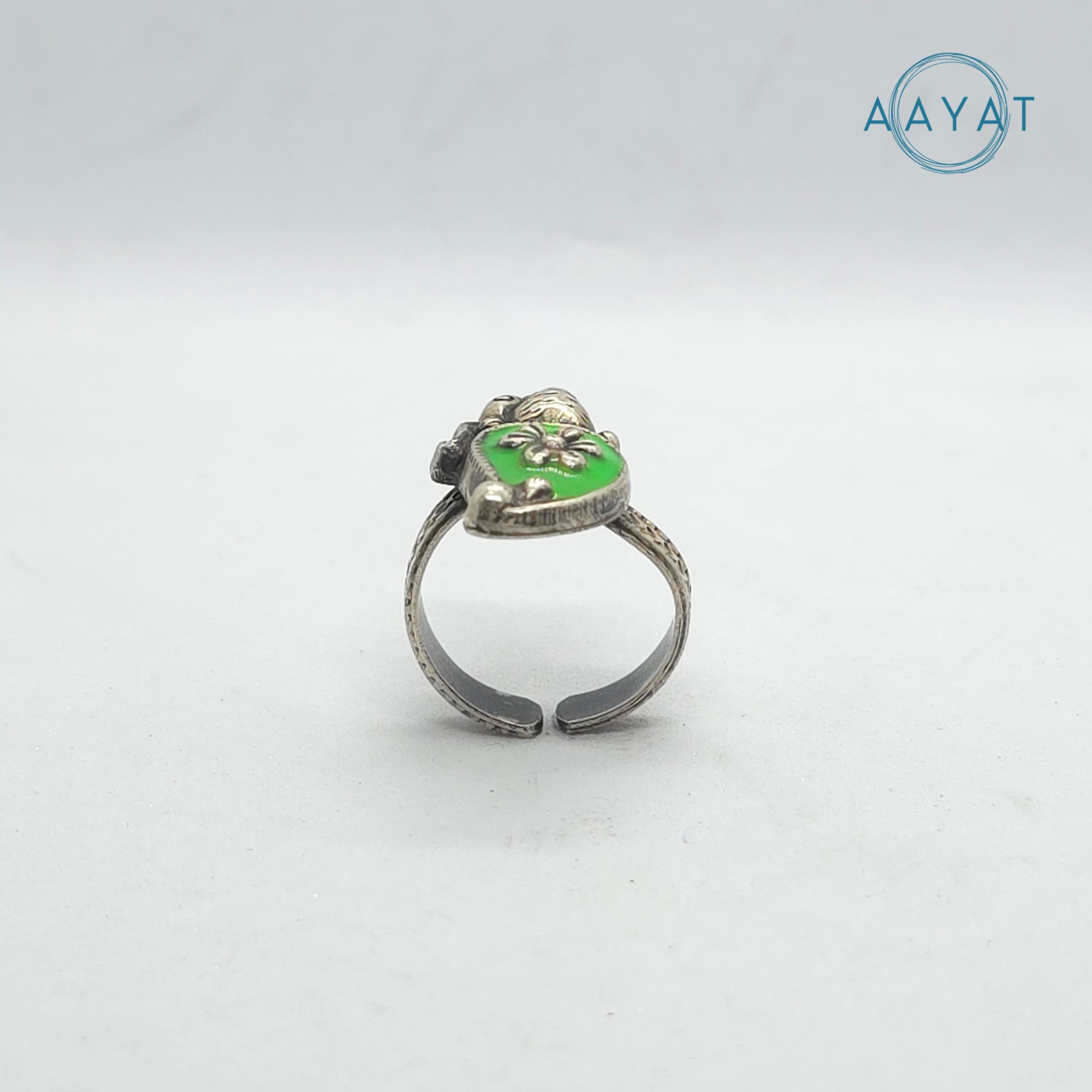 Aayat Green Enamel Leaf Oxidized Silver Ring
