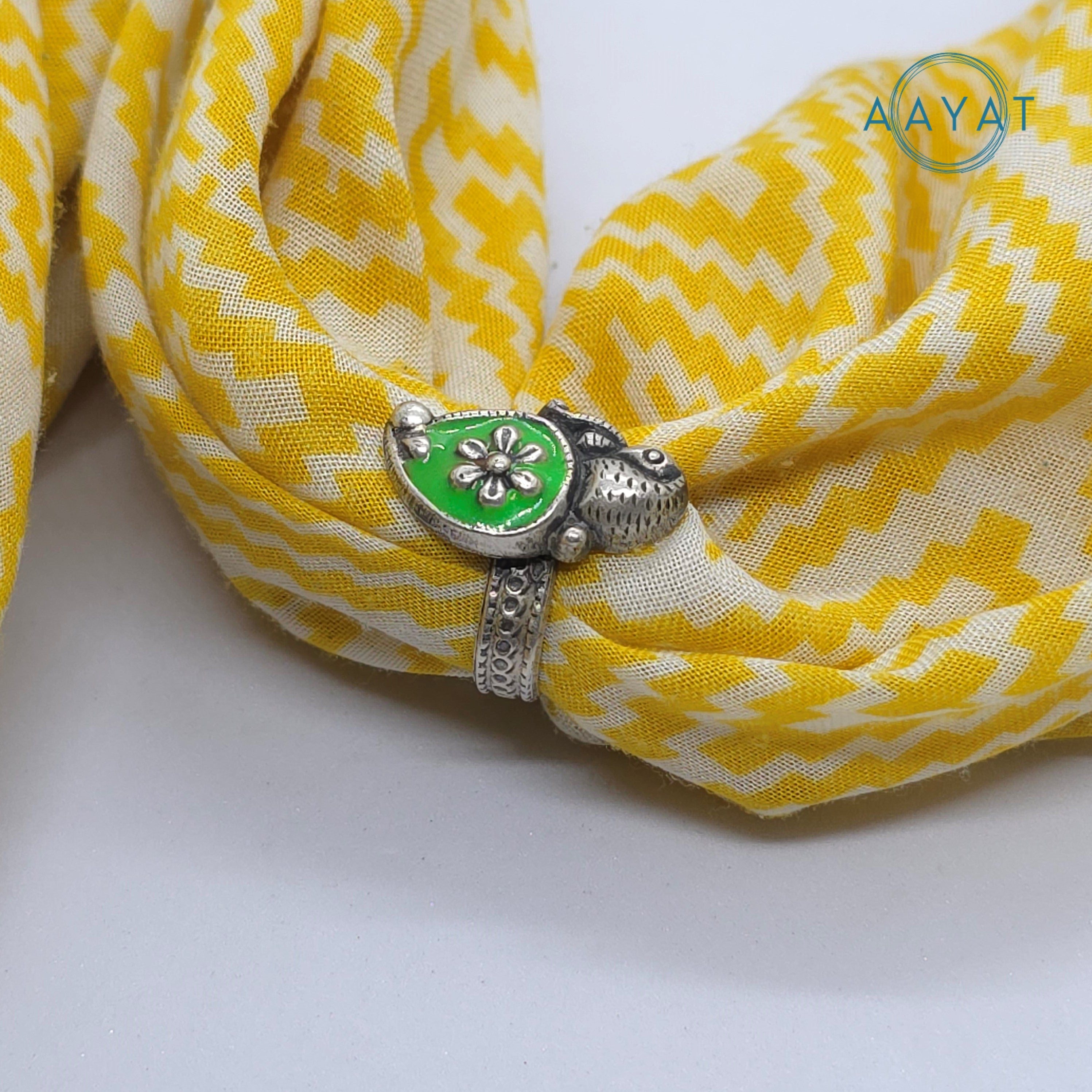 Aayat Green Enamel Leaf Oxidized Silver Ring