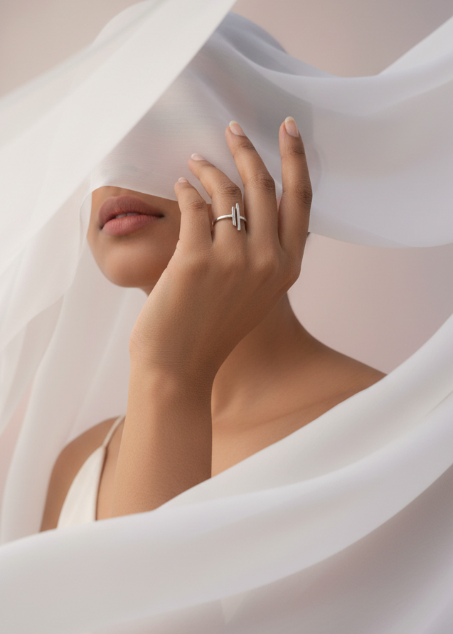 Woman wearing a ring with white fabric draped over her face